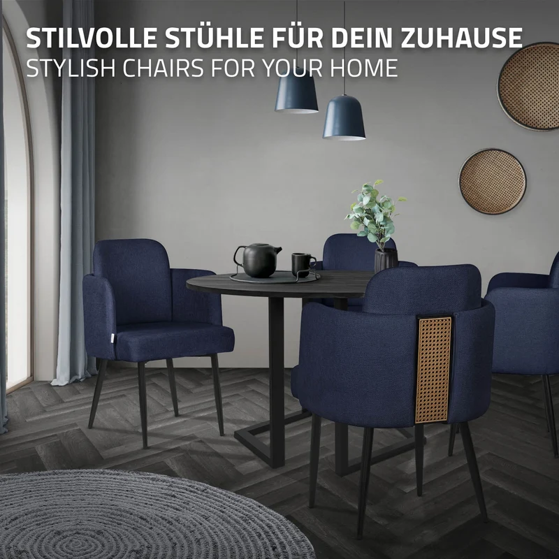 6er Set Esszimmerstühle mit Rücken- & Armlehne Dunkelblau mit Metallbeinen bis 120 kg ML-Design