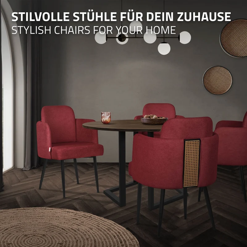 6er Set Esszimmerstühle mit Rücken- & Armlehne Rot mit Metallbeinen bis 120 kg ML-Design