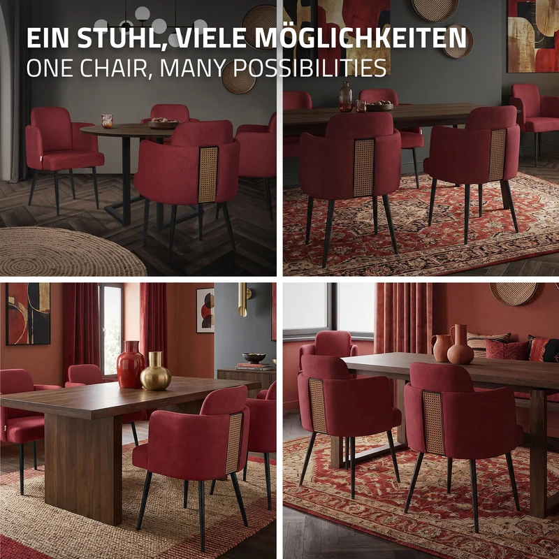 6er Set Esszimmerstühle mit Rücken- & Armlehne Rot mit Metallbeinen bis 120 kg ML-Design