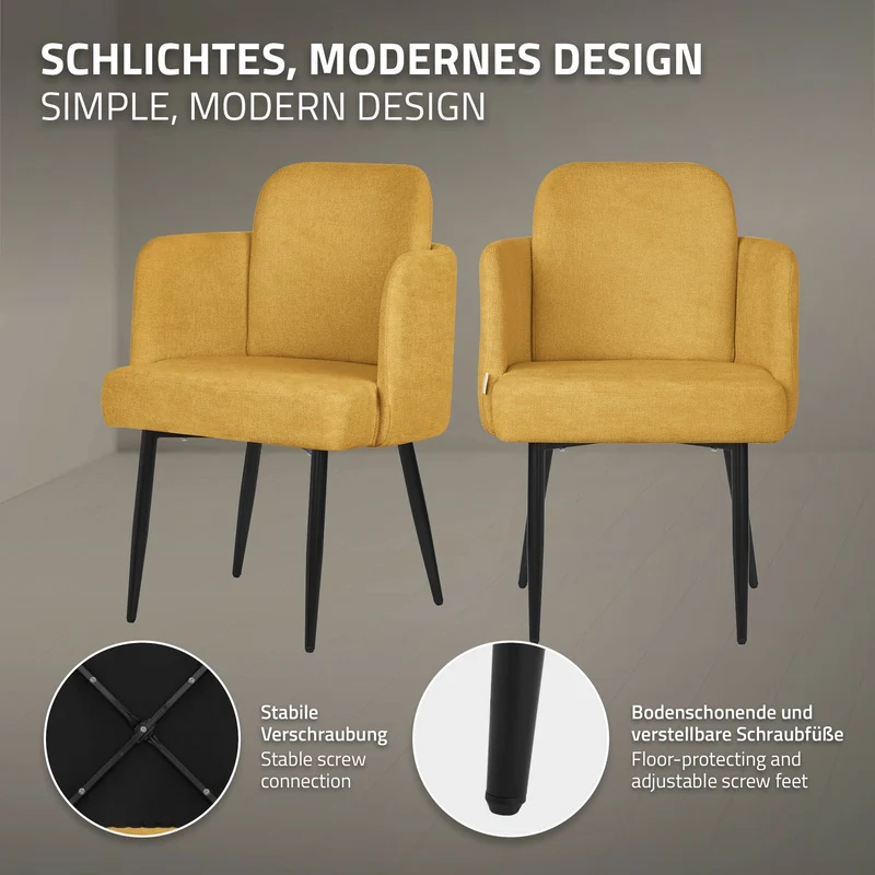 6er Set Esszimmerstühle mit Rücken- & Armlehne Senf mit Metallbeinen bis 120 kg ML-Design