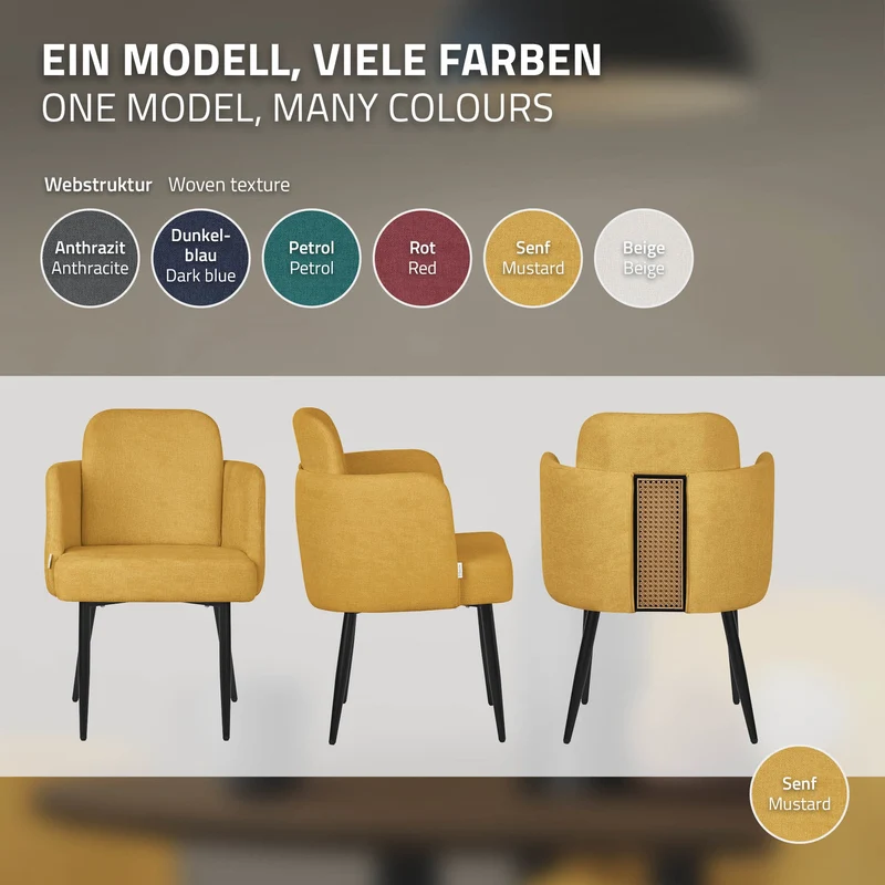 6er Set Esszimmerstühle mit Rücken- & Armlehne Senf mit Metallbeinen bis 120 kg ML-Design