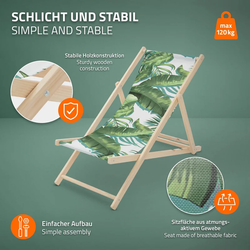 4er Set Gartenliege aus Holz in Tropical Grün-Weiß klappbarer Beachstuhl Strandstuhl Strandliege Liegestuhl Sonnenliege Relaxliege