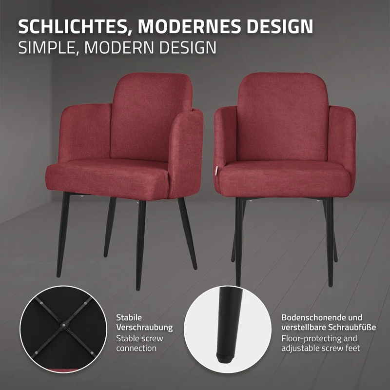 4er Set Esszimmerstühle mit Rücken- & Armlehne Rot mit Metallbeinen bis 120 kg ML-Design