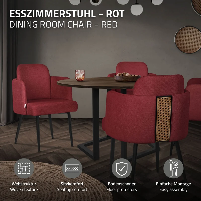 2er Set Esszimmerstühle mit Rücken- & Armlehne Rot mit Metallbeinen bis 120 kg ML-Design