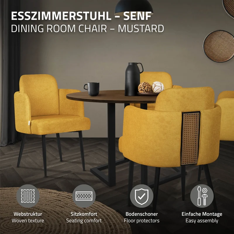 4er Set Esszimmerstühle mit Rücken- & Armlehne Senf mit Metallbeinen bis 120 kg ML-Design