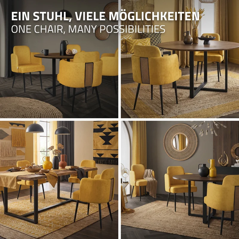 4er Set Esszimmerstühle mit Rücken- & Armlehne Senf mit Metallbeinen bis 120 kg ML-Design