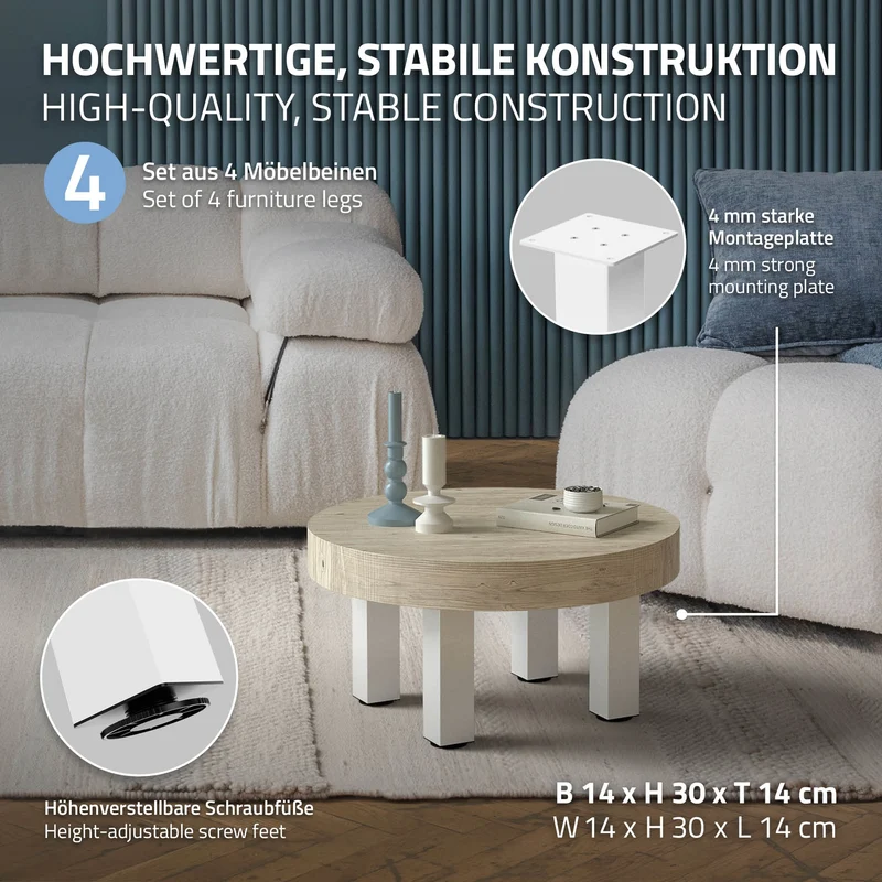 B-Ware 4er Set Tischbeine I-Design 30 cm Weiß glänzend aus pulverbeschichtetem Stahl eckig Profil 8x8 cm Höhenverstellbare Möbelfüße 1-4 cm ML-Design