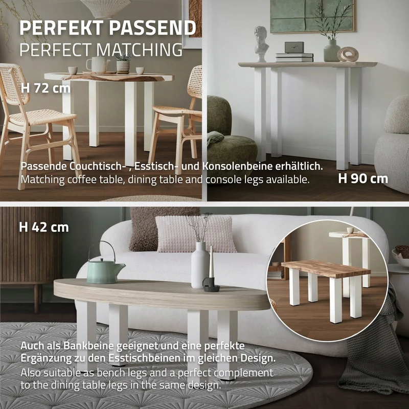 B-Ware 4er Set Tischbeine I-Design 30 cm Weiß glänzend aus pulverbeschichtetem Stahl eckig Profil 8x8 cm Höhenverstellbare Möbelfüße 1-4 cm ML-Design