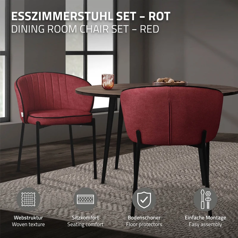 4er Set Esszimmerstühle mit Rücken- & Armlehne Rot mit Metallbeinen bis 120 kg ML-Design
