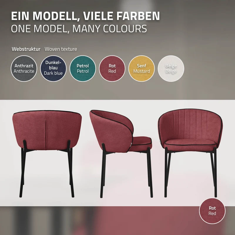 4er Set Esszimmerstühle mit Rücken- & Armlehne Rot mit Metallbeinen bis 120 kg ML-Design