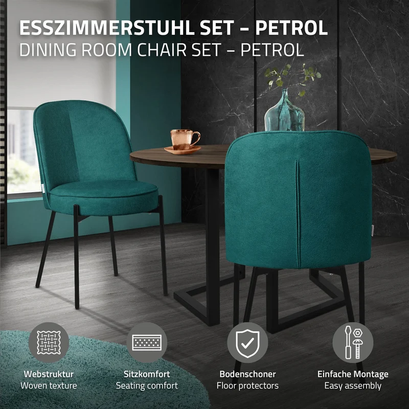 Esszimmerstühle 6er Set Petrol mit Rückenlehne, Polsterstühle für Esszimmer & Küche ML-Design