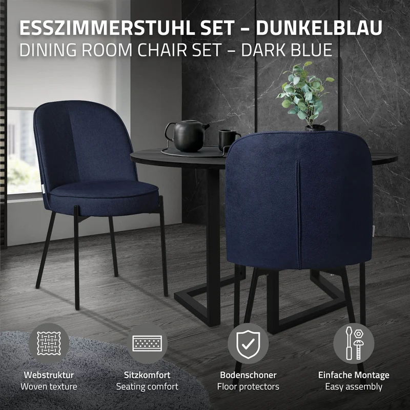 Esszimmerstühle 6er Set Dunkelblau mit Rückenlehne, Polsterstühle für Esszimmer & Küche ML-Design