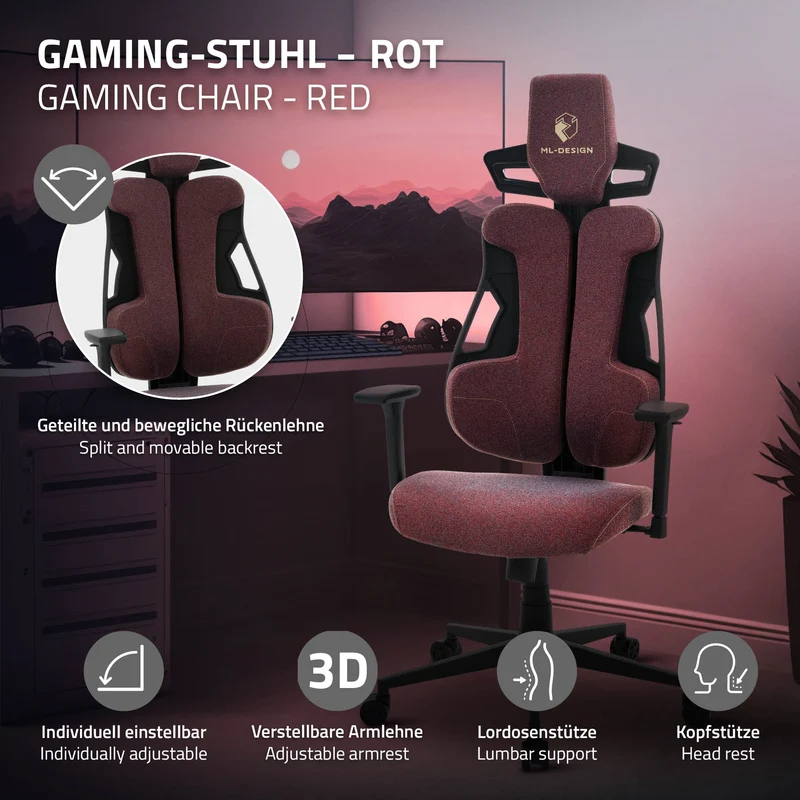 Gaming Stuhl mit Armlehne, Kopfstütze und Lordosenstütze Rot, aus Stoff ML-Design