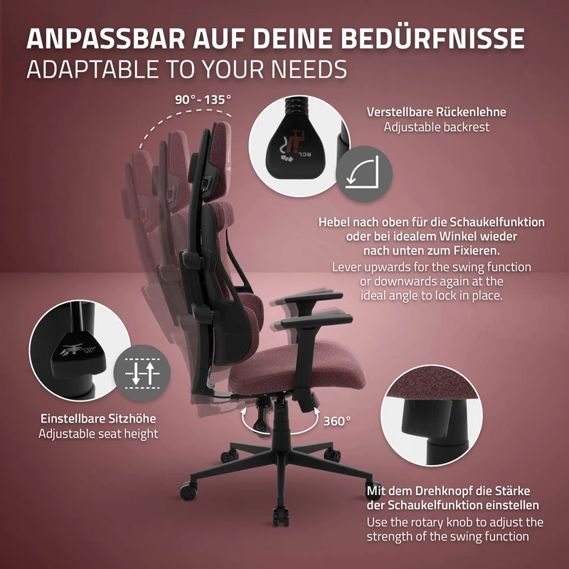 Gaming Stuhl mit Armlehne, Kopfstütze und Lordosenstütze Rot, aus Stoff ML-Design
