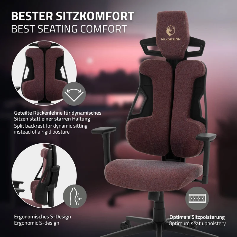 Gaming Stuhl mit Armlehne, Kopfstütze und Lordosenstütze Rot, aus Stoff ML-Design