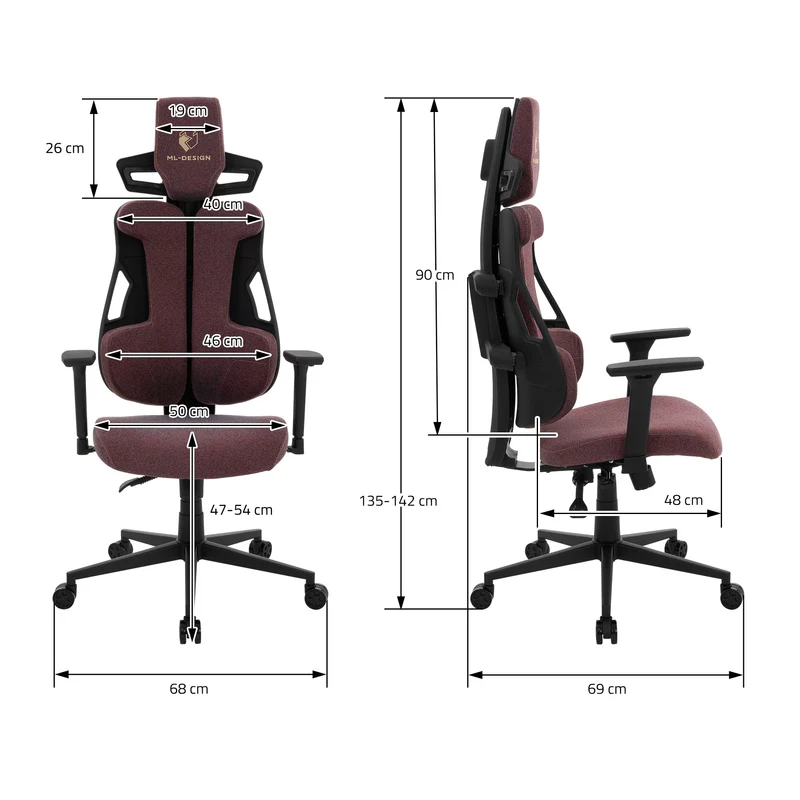 Gaming Stuhl mit Armlehne, Kopfstütze und Lordosenstütze Rot, aus Stoff ML-Design
