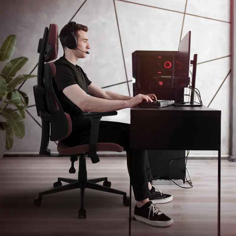 Gaming Stuhl mit Armlehne, Kopfstütze und Lordosenstütze Rot, aus Stoff ML-Design