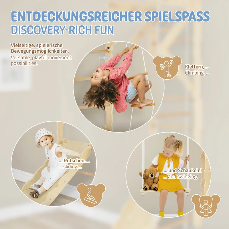 B-Ware Klettergerüst Indoor Sprossenwand für Kinder aus Holz mit Turnringen, Strickleiter, Rutschbrett 6 in 1 ab 3 Jahren