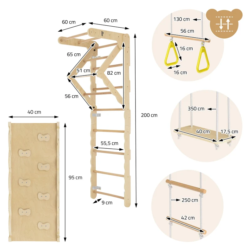 B-Ware Klettergerüst Indoor Sprossenwand für Kinder aus Holz mit Turnringen, Strickleiter, Rutschbrett 6 in 1 ab 3 Jahren
