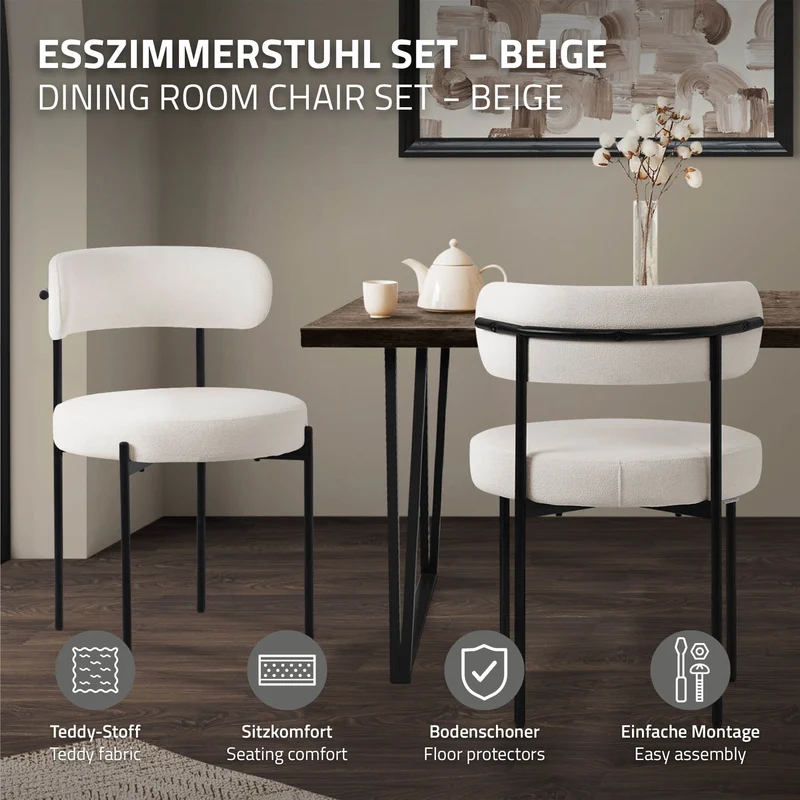B-Ware Esszimmerstuhl 2er Set mit Teddystoff mit Rückenlehne Weiß Küchenstuhl ML-Design