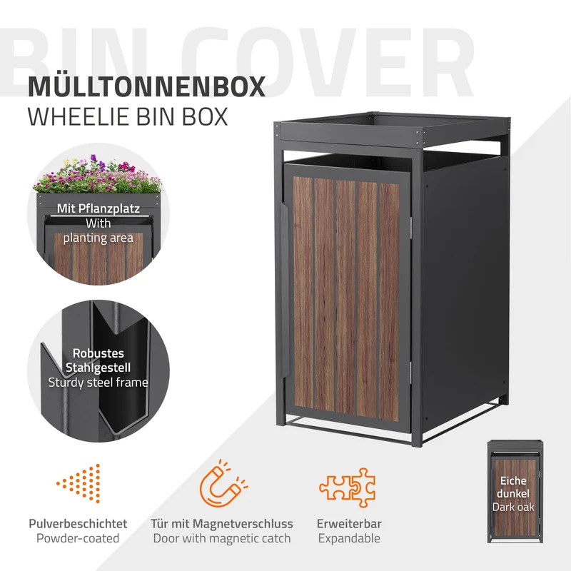 Mülltonnenbox mit Pflanzdach 1er bis 240 Liter 68x80x124 cm aus Stahl in Anthrazit-Eiche dunkel ML-Design