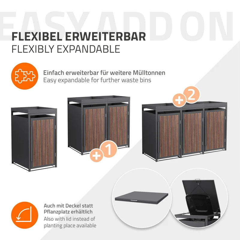 Mülltonnenbox mit Pflanzdach 1er bis 240 Liter 68x80x124 cm aus Stahl in Anthrazit-Eiche dunkel ML-Design