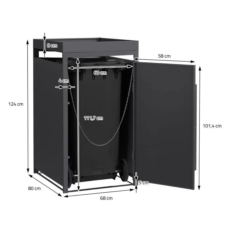 Mülltonnenbox mit Pflanzdach 1er bis 240 Liter 68x80x124 cm aus Stahl in Anthrazit-Eiche dunkel ML-Design