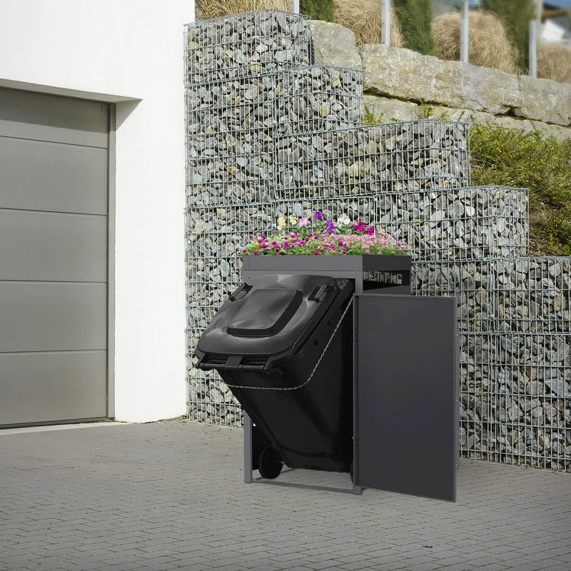 Mülltonnenbox mit Pflanzdach 1er bis 240 Liter 68x80x124 cm aus Stahl in Anthrazit-Eiche dunkel ML-Design
