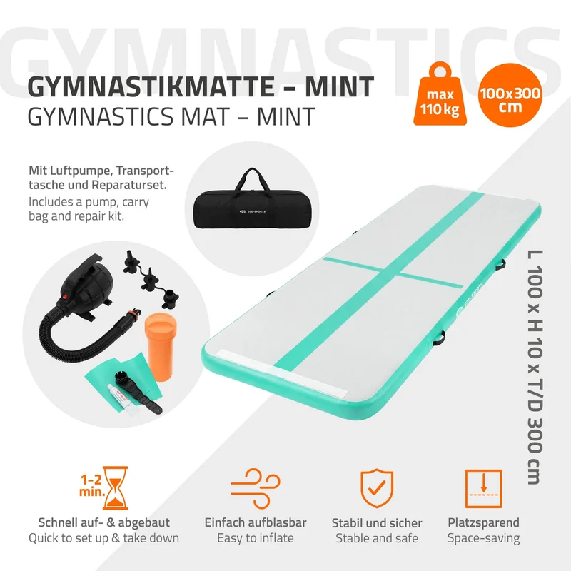Aufblasbare Gymnastikmatte Turnmatte Airtrack 3m, Grün-Mint, 10cm Dicke, inkl. Tragetasche & elektr. Luftpumpe