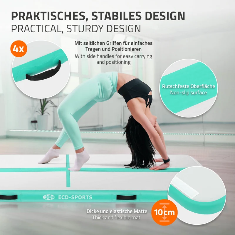 Aufblasbare Gymnastikmatte Turnmatte Airtrack 3m, Grün-Mint, 10cm Dicke, inkl. Tragetasche & elektr. Luftpumpe