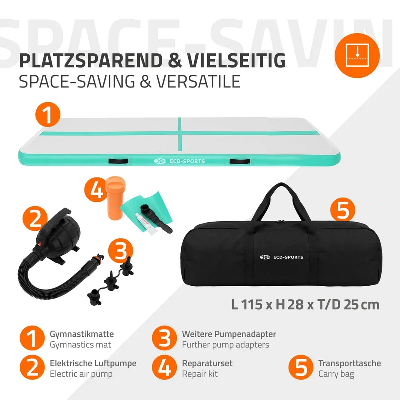 Aufblasbare Gymnastikmatte Turnmatte Airtrack 3m, Grün-Mint, 10cm Dicke, inkl. Tragetasche & elektr. Luftpumpe