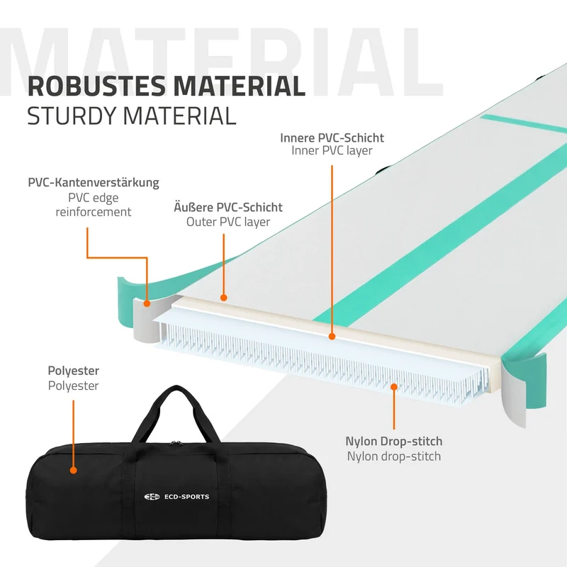 Aufblasbare Gymnastikmatte Turnmatte Airtrack 3m, Grün-Mint, 10cm Dicke, inkl. Tragetasche & elektr. Luftpumpe