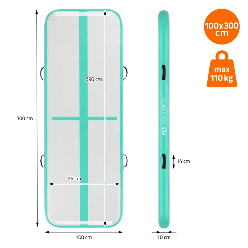 Aufblasbare Gymnastikmatte Turnmatte Airtrack 3m, Grün-Mint, 10cm Dicke, inkl. Tragetasche & elektr. Luftpumpe