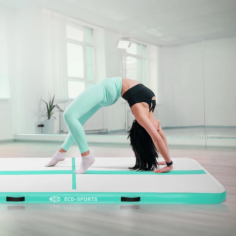 Aufblasbare Gymnastikmatte Turnmatte Airtrack 3m, Grün-Mint, 10cm Dicke, inkl. Tragetasche & elektr. Luftpumpe