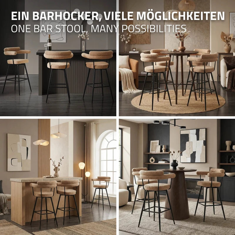 2er Set Barhocker 360° drehbar Braun 61x103x55 cm mit Arm-, Rückenlehne und Fußstütze bis 120 kg ML-Design
