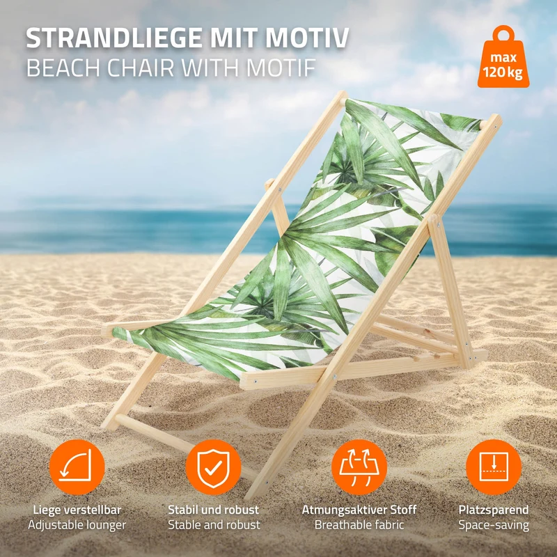 Gartenliege aus Holz in Palme Grün-Weiß klappbarer Beachstuhl Strandstuhl Strandliege Liegestuhl Sonnenliege Relaxliege