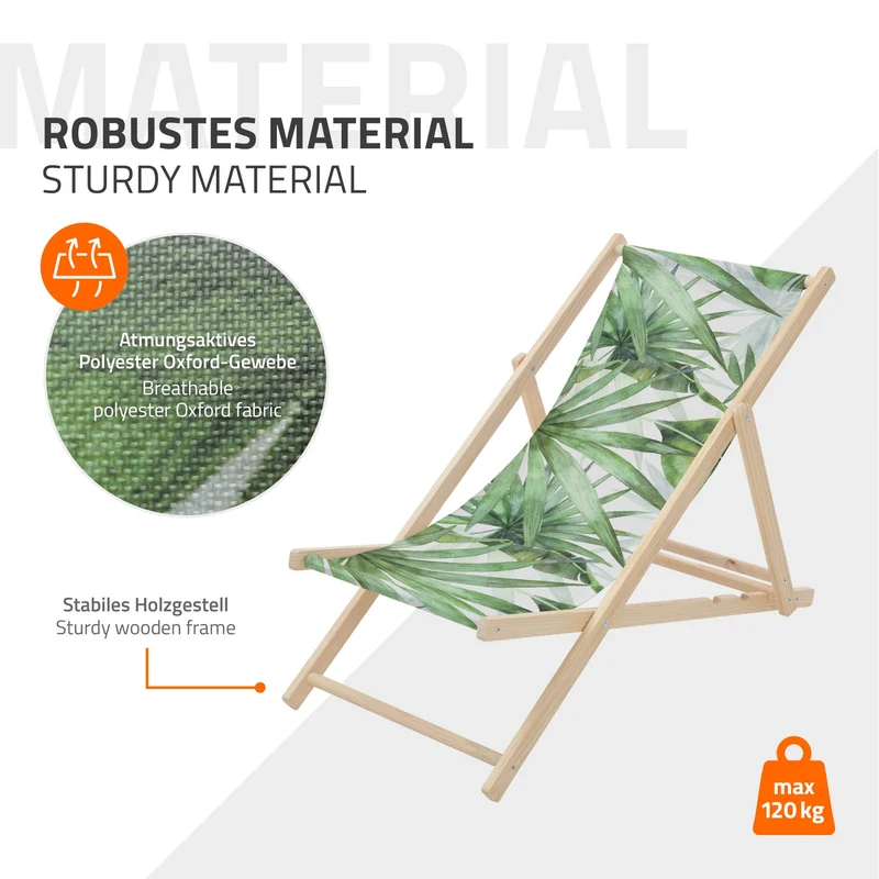 Gartenliege aus Holz in Palme Grün-Weiß klappbarer Beachstuhl Strandstuhl Strandliege Liegestuhl Sonnenliege Relaxliege