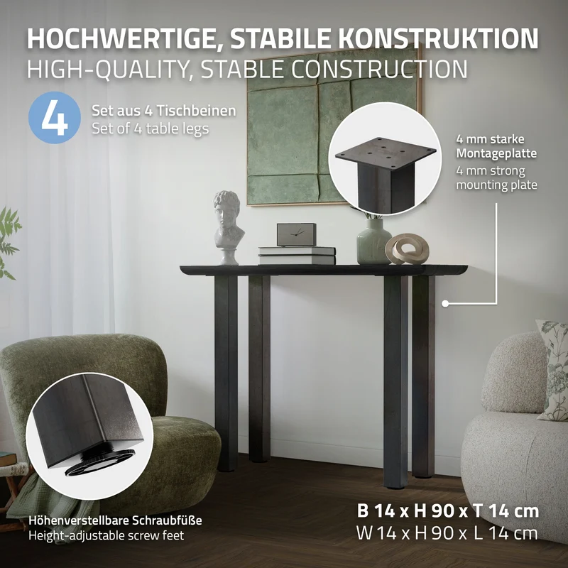 B-Ware 4er Set Tischbeine I-Design 90 cm Dunkelgrau Optik Industrial Stahl pulverbeschichtet Profil 8x8 cm Höhenverstellbare Möbelfüße ML-Design