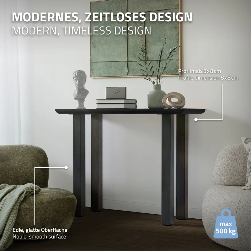 B-Ware 4er Set Tischbeine I-Design 90 cm Dunkelgrau Optik Industrial Stahl pulverbeschichtet Profil 8x8 cm Höhenverstellbare Möbelfüße ML-Design