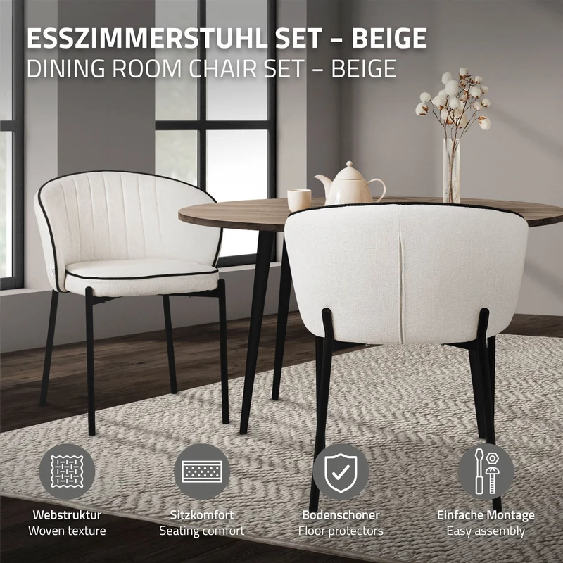 4er Set Esszimmerstühle mit Rücken- & Armlehne Beige mit Metallbeinen bis 120 kg ML-Design
