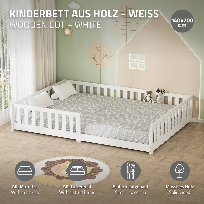 Kinderbett 140x200 cm mit Matratze Lattenrost und Rausfallschutz Weiß Kiefernholz ML-Design