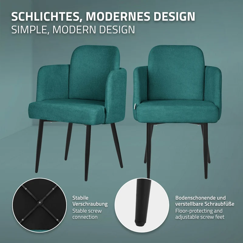 6er Set Esszimmerstühle mit Rücken- & Armlehne Petrol mit Metallbeinen bis 120 kg ML-Design