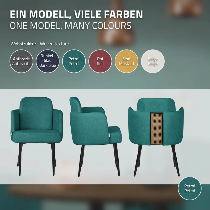 6er Set Esszimmerstühle mit Rücken- & Armlehne Petrol mit Metallbeinen bis 120 kg ML-Design