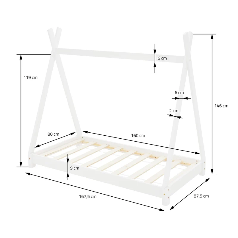 B-Ware Kinderbett Tipi 80x160 cm Weiß aus Kiefernholz Holzbett mit Lattenrost ML-Design