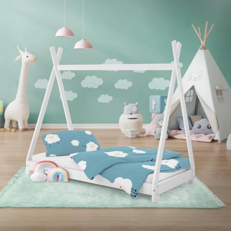 B-Ware Kinderbett Tipi 80x160 cm Weiß aus Kiefernholz Holzbett mit Lattenrost ML-Design