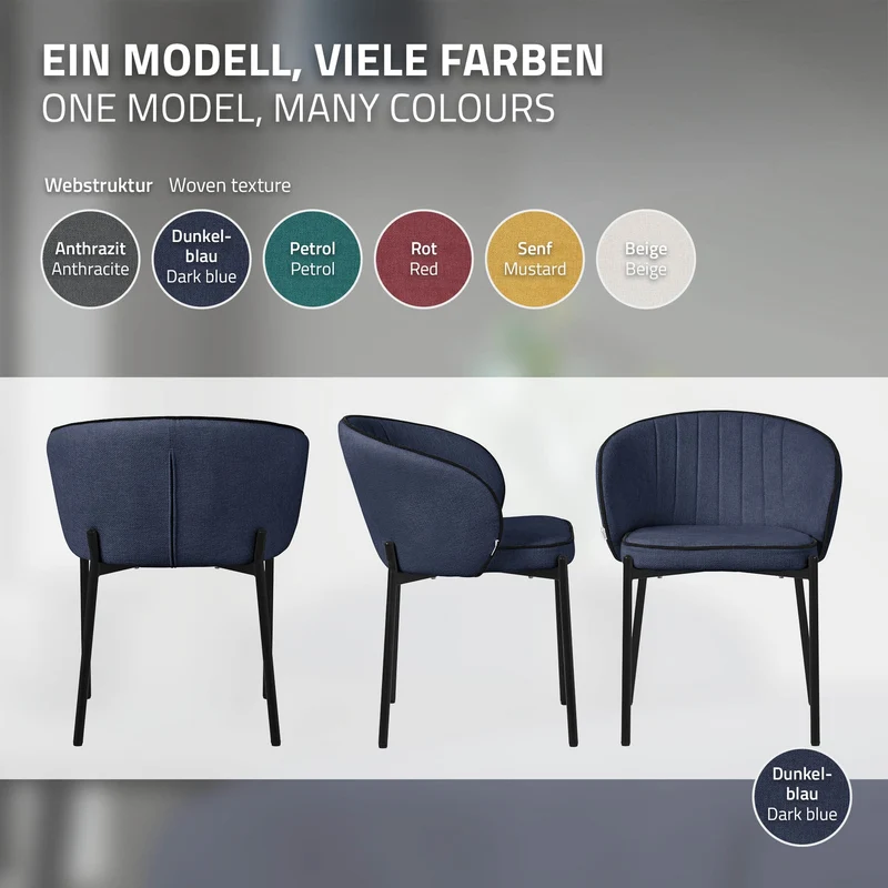 4er Set Esszimmerstühle mit Rücken- & Armlehne Dunkelblau mit Metallbeinen bis 120 kg ML-Design