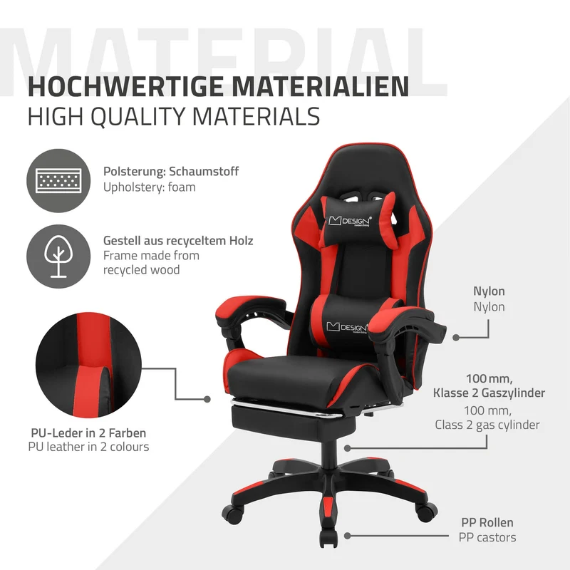 B-Ware Gaming Stuhl mit Fußstütze und Armlehne Schwarz-Rot, aus Kunstleder ML-Design