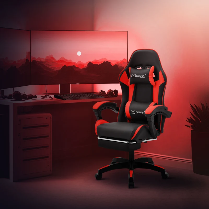 B-Ware Gaming Stuhl mit Fußstütze und Armlehne Schwarz-Rot, aus Kunstleder ML-Design