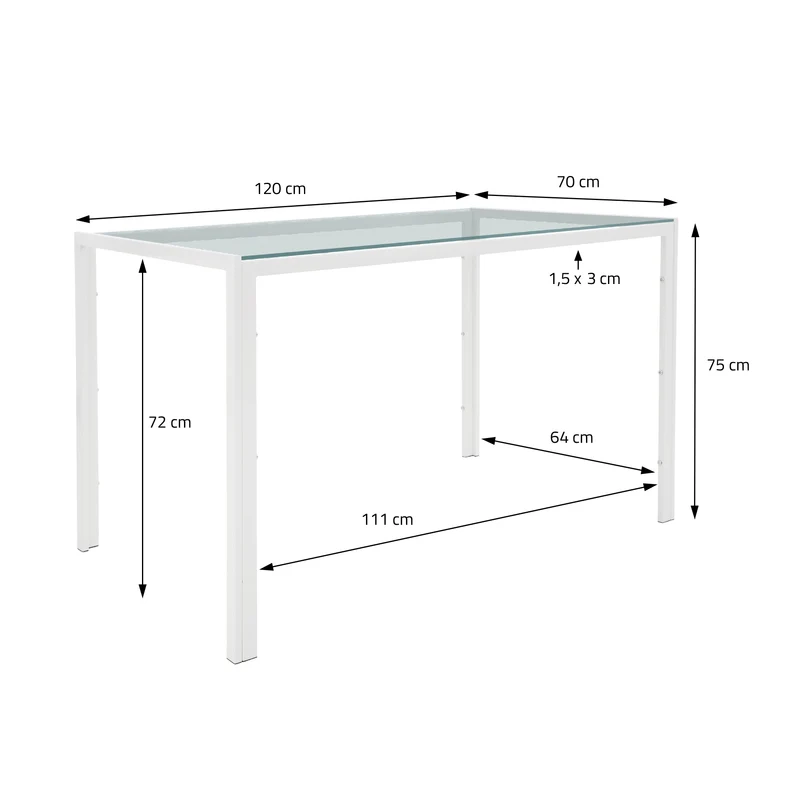 Esstisch für 4-6 Personen 120x70x75 cm Weiß Glastisch mit Stahlgestell ML-Design