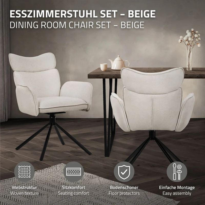 Esszimmerstuhl 6er Set drehbar Beige mit Rücken- und Armlehne bis 120 kg ML-Design